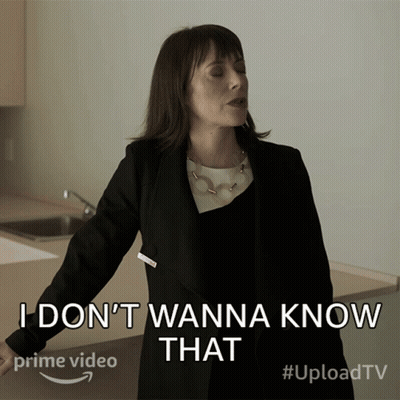A Woman Says " I Don 'T Wanna Know That " In Front Of An Amazon Logo GIF