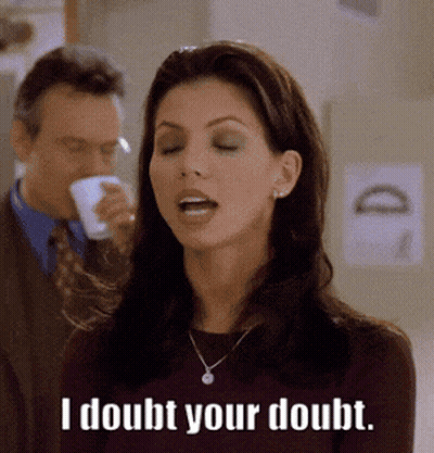 A Woman Says I Doubt Your Doubt While A Man Drinks From A Cup GIF