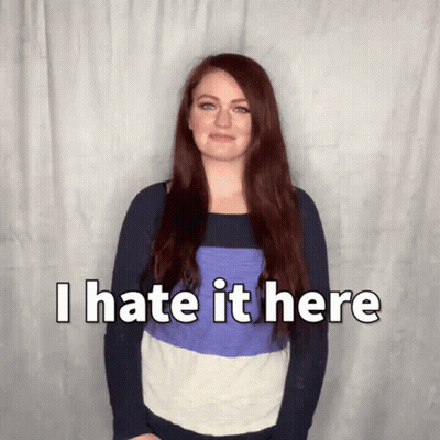 A Woman Says I Hate It Here In Front Of A Curtain GIF