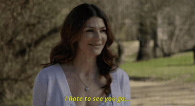 A Woman Says " I Hate To See You Go " While Smiling GIF