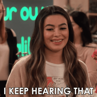 A Woman Says " I Keep Hearing That " In Front Of A Sign That Says " Your Ou " GIF