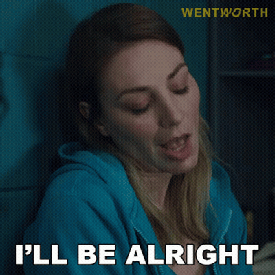 A Woman Says I 'Ll Be Alright In Front Of A Blue Background GIF