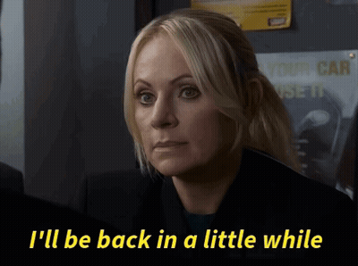 A Woman Says " I 'Ll Be Back In A Little While " In Yellow Letters GIF