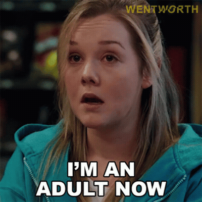 A Woman Says I 'M An Adult Now In A Blue Hoodie GIF