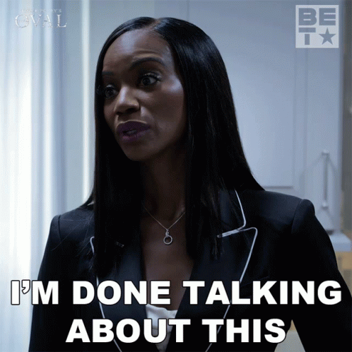 A Woman Says " I 'M Done Talking About This " While Wearing A Black Suit GIF
