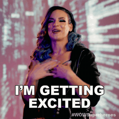 A Woman Says I 'M Getting Excited In A Wow Superheroes Advertisement GIF