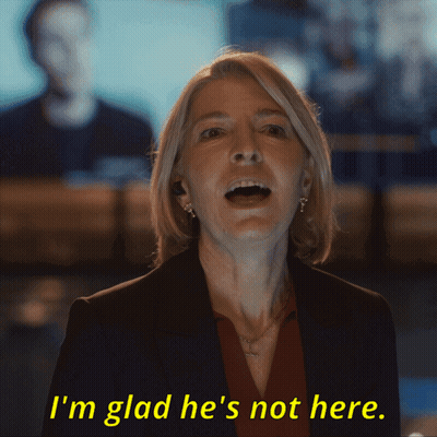 A Woman Says " I 'M Glad He 'S Not Here " In Yellow Letters GIF