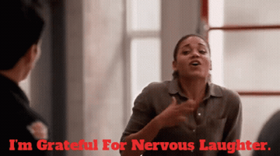 A Woman Says I 'M Grateful For Nervous Laughter In Red GIF