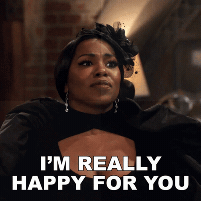 A Woman Says I 'M Really Happy For You In A Black Dress GIF
