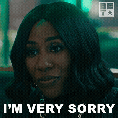 A Woman Says " I 'M Very Sorry " In Front Of A Green Background GIF