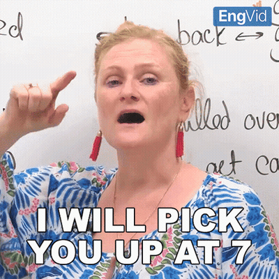 A Woman Says " I Will Pick You Up At 7 " In Front Of A Whiteboard GIF