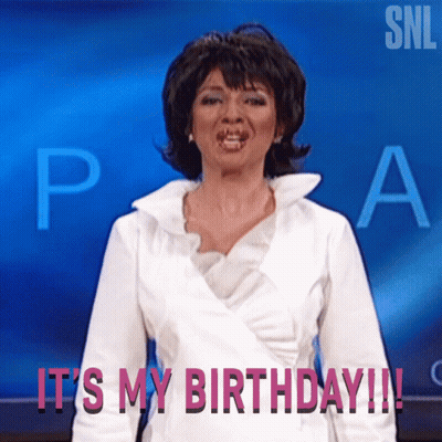 A Woman Says It 'S My Birthday While Standing In Front Of A Blue Background GIF