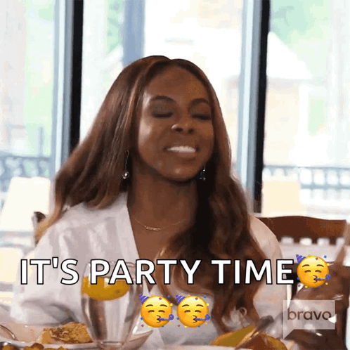 A Woman Says It 'S Party Time While Eating GIF