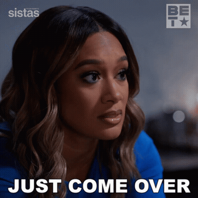 A Woman Says " Just Come Over " In Front Of A Be T Logo GIF