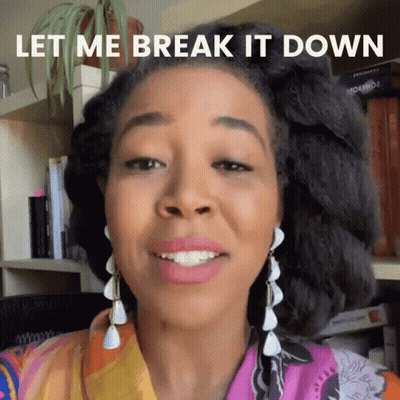 A Woman Says Let Me Break It Down In Front Of A Book Shelf GIF