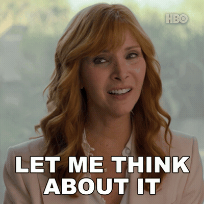A Woman Says Let Me Think About It In Front Of A Hbo Logo GIF