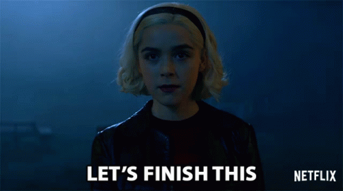 A Woman Says Let 'S Finish This With A Netflix Logo Behind Her GIF