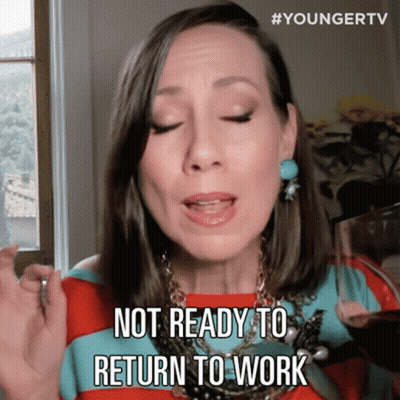 A Woman Says Not Ready To Return To Work In Front Of A Window GIF