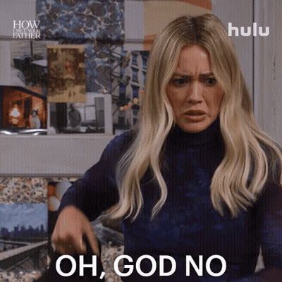 A Woman Says Oh God No In Front Of A Hulu Poster GIF