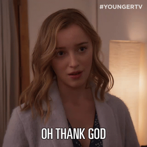 A Woman Says " Oh Thank God " While Wearing A Robe GIF