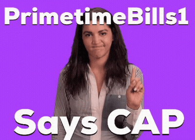 A Woman Says Primetime Bills1 Says Cap In Front Of A Purple Background GIF