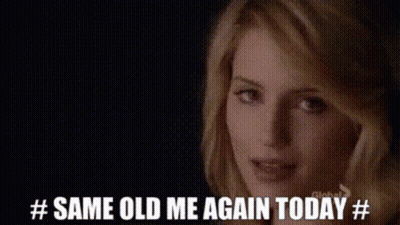 A Woman Says " Same Old Me Again Today " In Front Of A Blue Background GIF