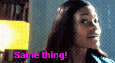 A Woman Says " Same Thing " Next To A Yellow Lamp GIF