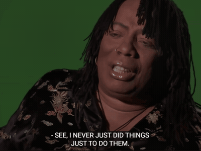 A Woman Says " See I Never Just Did Things Just To Do Them " In Front Of A Green Screen GIF