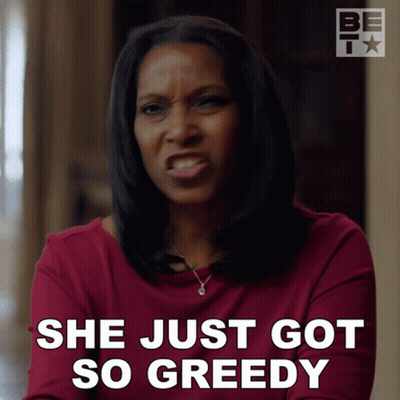 A Woman Says She Just Got So Greedy In Front Of A Be T Logo GIF