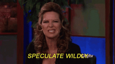 A Woman Says Speculate Wildly With Her Hands Up In The Air GIF