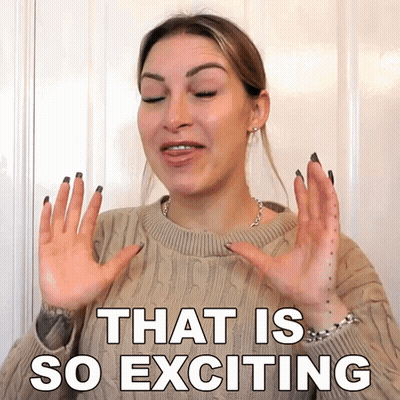 A Woman Says That Is So Exciting With Her Hands In The Air GIF