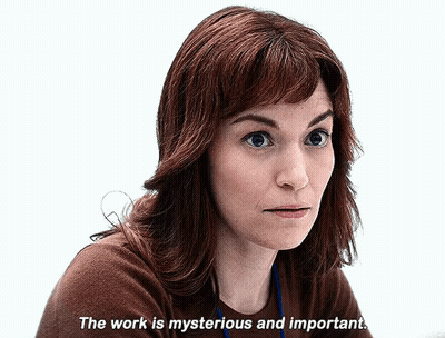 A Woman Says " The Work Is Mysterious And Important " In Front Of A White Background GIF