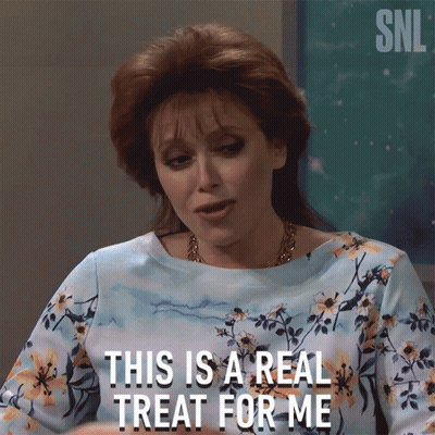 A Woman Says This Is A Real Treat For Me While Wearing A Floral Shirt GIF