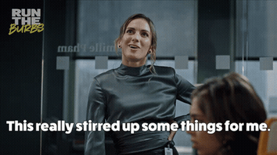 A Woman Says " This Really Stirred Up Some Things For Me " In A Run The Burbs Advertisement GIF