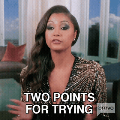 A Woman Says " Two Points For Trying " While Wearing A Sequined Dress GIF
