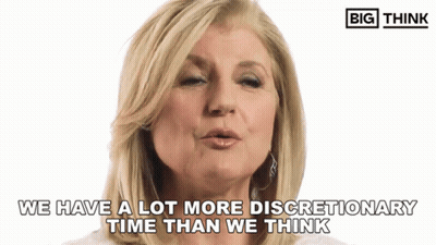 A Woman Says " We Have A Lot More Discretionary Time Than We Think " In Front Of A Big Think Logo GIF