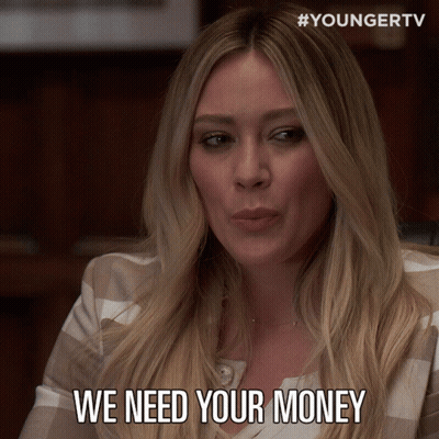 A Woman Says " We Need Your Money " In Front Of A Youngertv Logo GIF