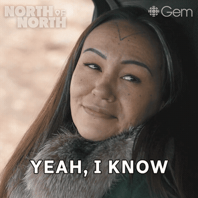 A Woman Says Yeah I Know In Front Of A North Of North Poster GIF