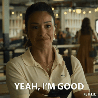 A Woman Says Yeah I 'M Good While Holding A Cell Phone GIF