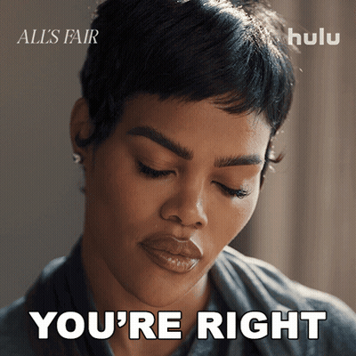 A Woman Says " You 'Re Right " In Front Of A Hulu Logo GIF