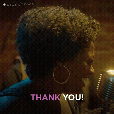 A Woman Singing In Front Of A Microphone With The Words Thank You Written Below Her GIF