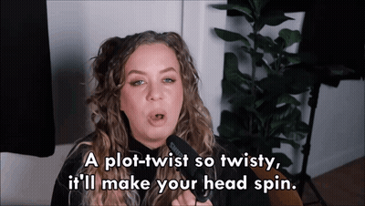 A Woman Singing Into A Microphone With The Words " A Plot-Twist So Twisty It 'Ll Make Your Head Spin " GIF