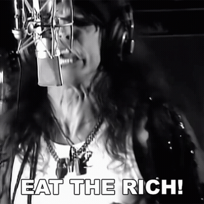 A Woman Singing Into A Microphone With The Words Eat The Rich Written Below Her GIF
