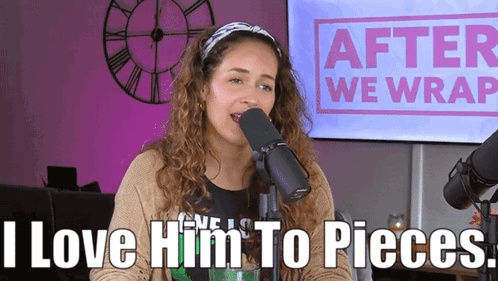 A Woman Singing Into A Microphone With The Words I Love Him To Pieces GIF