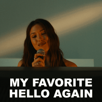 A Woman Singing Into A Microphone With The Words " My Favorite Hello Again " Above Her GIF