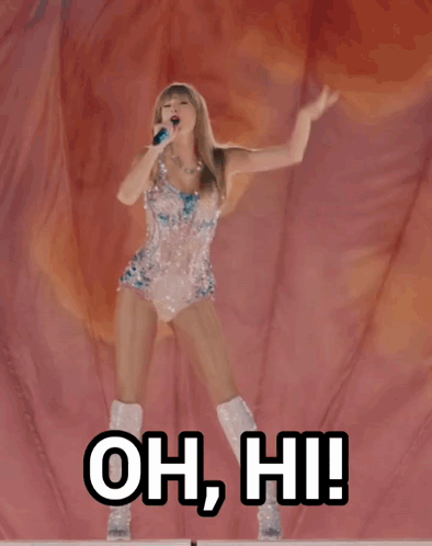 A Woman Singing Into A Microphone With The Words Oh Hi Written Below Her GIF