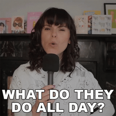 A Woman Singing Into A Microphone With The Words What Do They Do All Day Below Her GIF