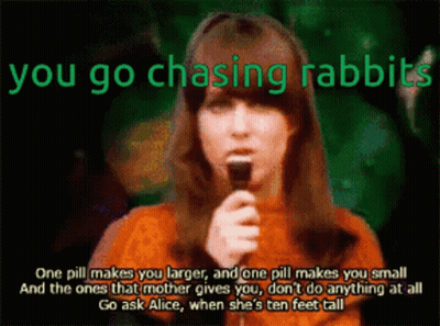 A Woman Singing Into A Microphone With The Words " You Go Chasing Rabbits " At The Top GIF