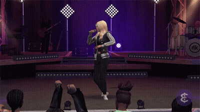A Woman Singing On A Stage With A Band Behind Her And A Dollar Sign GIF