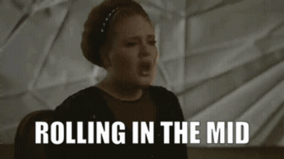 A Woman Singing With The Words " Rolling In The Mid " Written Below Her GIF